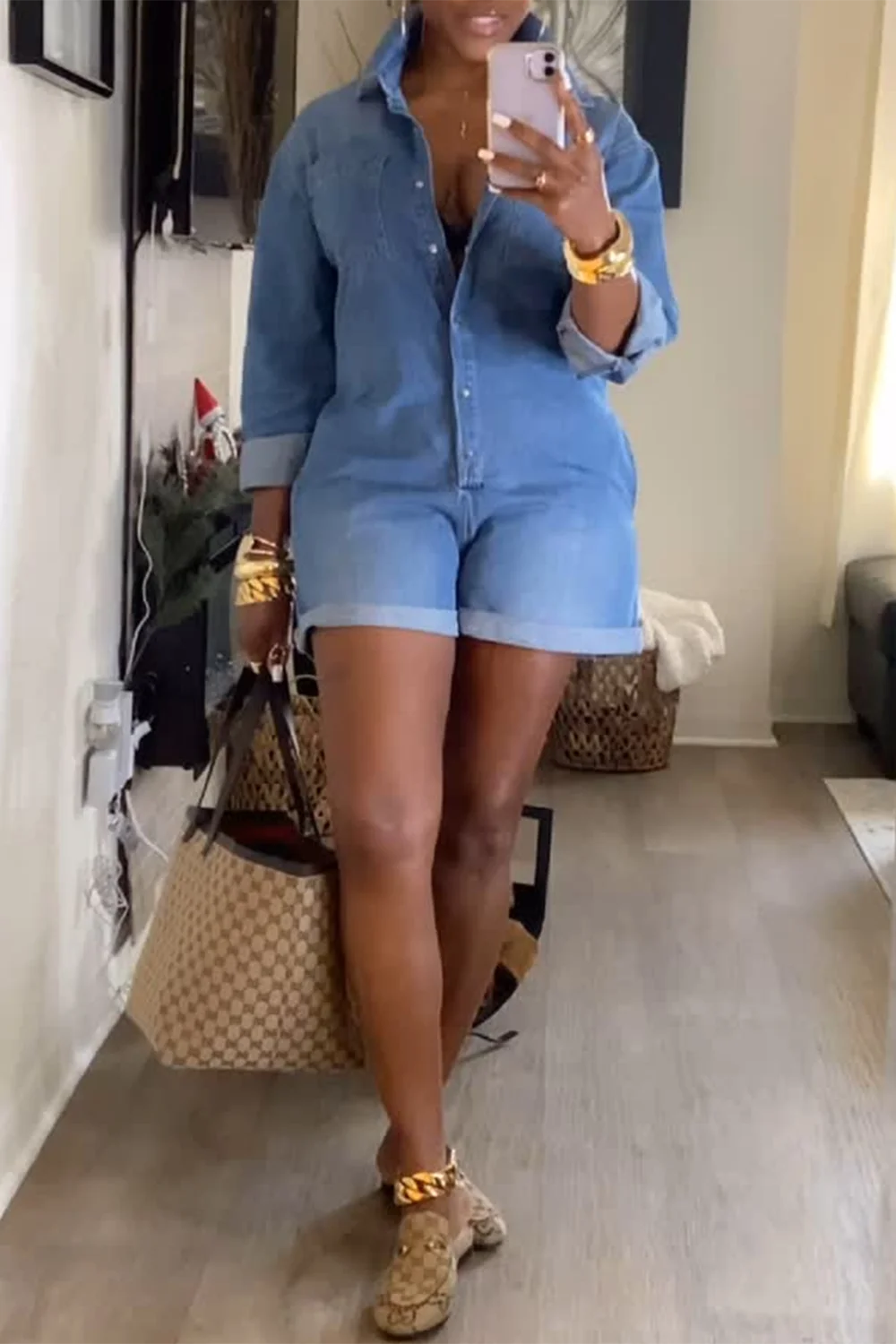 Plus Size Daily Blue Shirt Collar Short Sleeve Pocket Denim Rompers