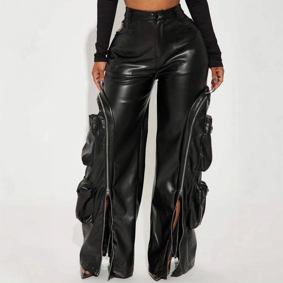 High Waist Wide Leg Faux Leather Cargo Pants for Women