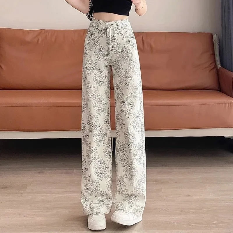 High Rise Wide Leg Printed Denim Pants For Women