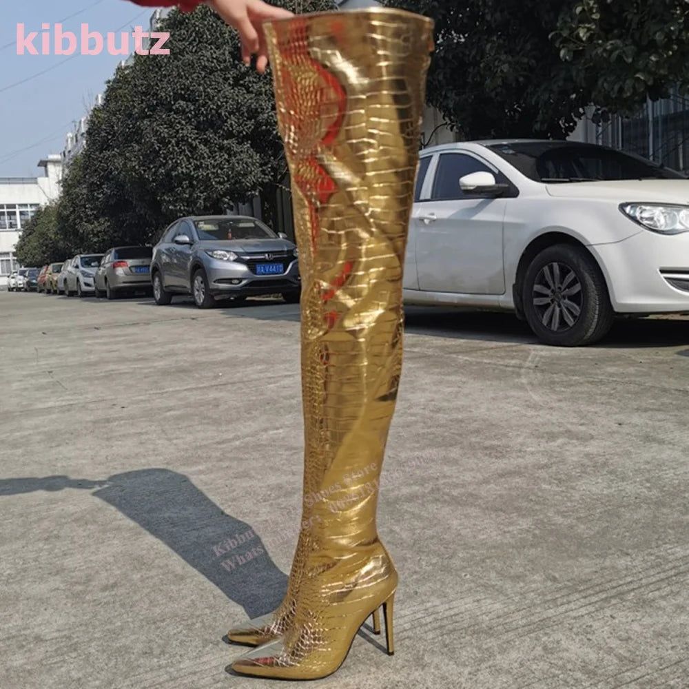 Golden Boots Over The Knee Crocodile Pattern Patent Leather Pointed Toe Thin Heel Nightclub Sexy Fashion Women Shoes 2023 Newest