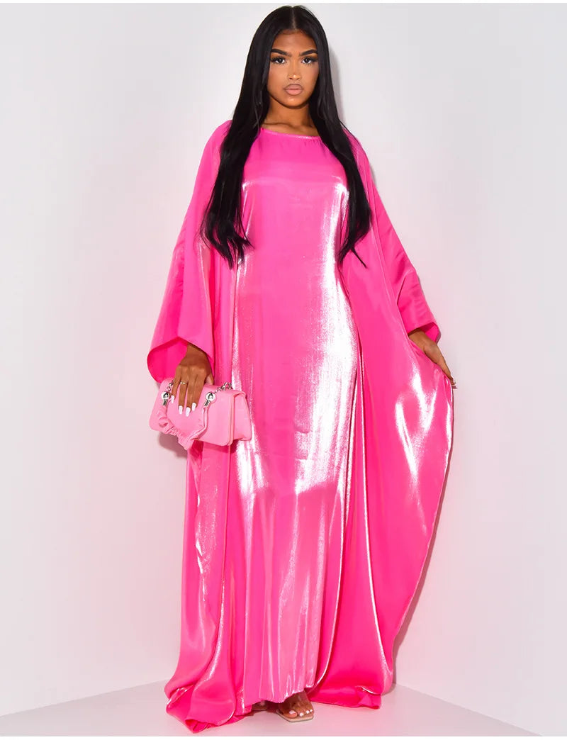CM.YAYA Women Loose O-neck Full Batwing Sleeve Long Maxi Dress Summer Satin Vintage Africa Streetwear Vestido Evening Dresses