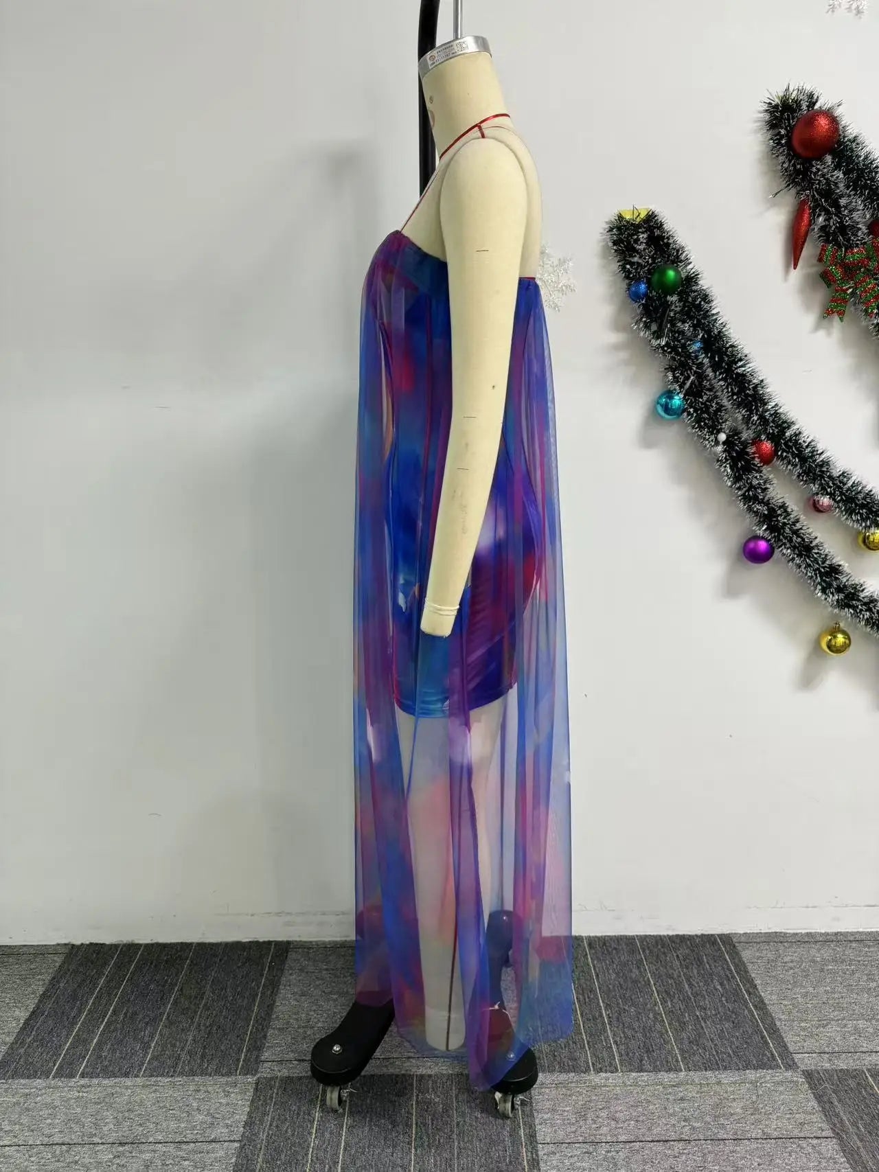 CM.YAYA Women Sleeveless Tie Dye Print Strapless Mesh Bodycon Midi Long Maxi Dress 2025 Birthday Club Party Vestido Sexy Dresses