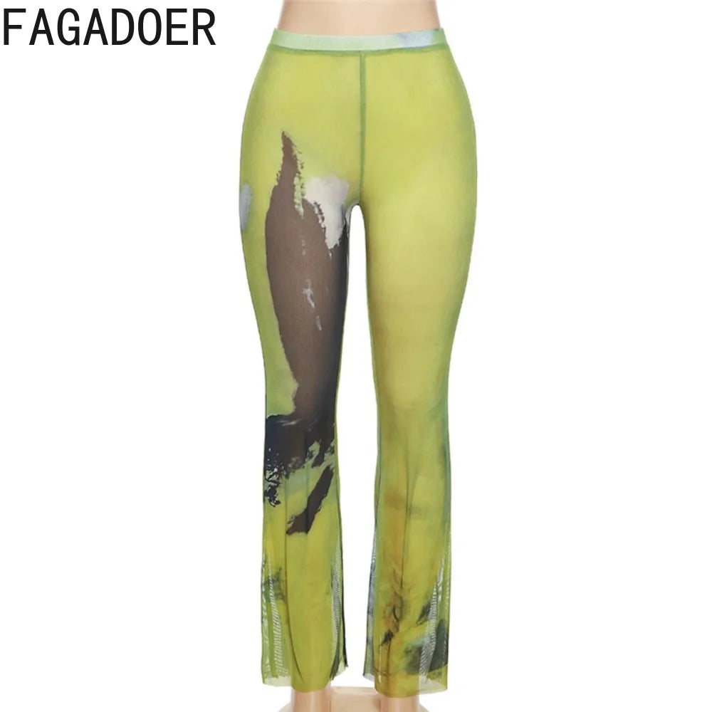 FAGADOER Y2k Sexy Tie Dye Printting Woman 2 Piece Set Outfit Halter Bandage Patchwork Crop Top and Flare Pants Female Streetwear