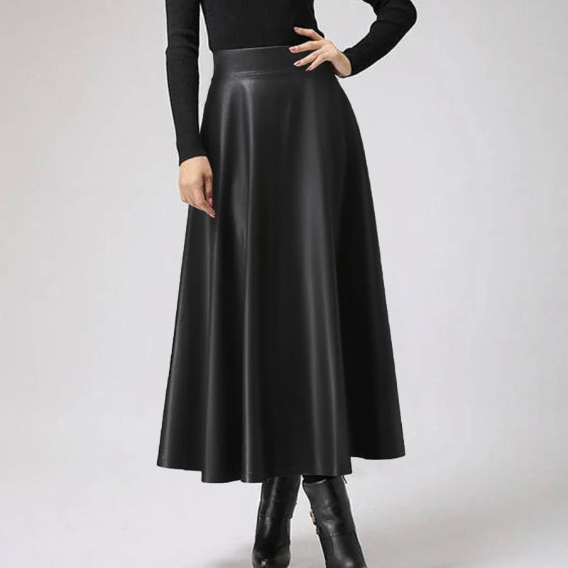 Celmia Fashion Women Long Skirts 2024 Spring PU Leather Faldas Elegant High Waist A-line Midi Skirt Casual Loose OL Swing Jupes
