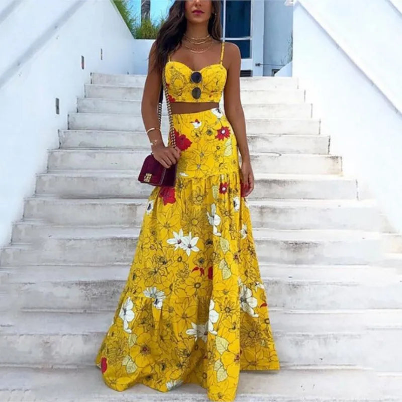 2 Pcs/Set Beach Crop Top Skirt Set Colorful Print Rich Colors Spaghetti Strap Floor Length Sleeveless Lady Tank Top Skirt Suit