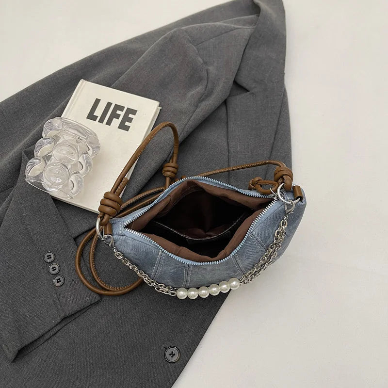 Retro Denim Dumpling Bag Creative Horn Design Pearl Pendant Messenger Bag Brand High-grade Leather Ladies Versatile Shoulder Bag