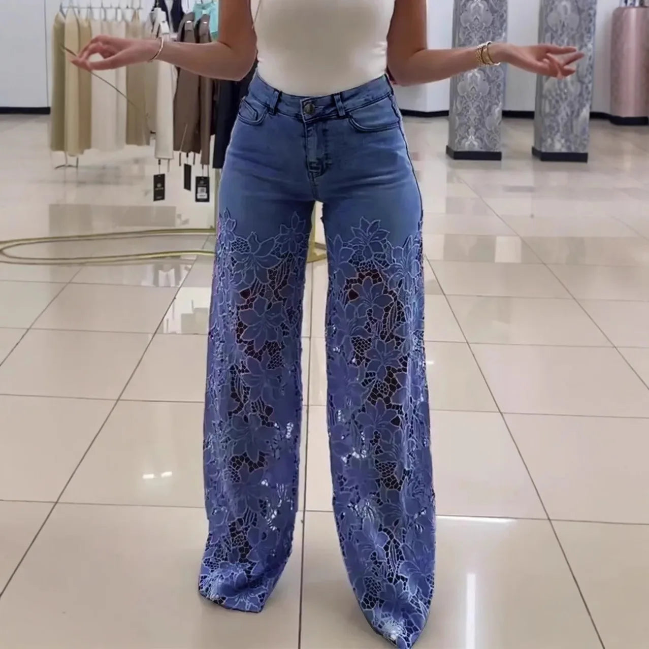 Women's Spring Summer Fashion Hollow Out Lace Splicing Denim Drape Pants Full Length Trousers
