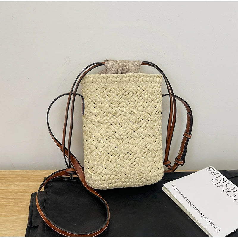 Brand Gradient Raffia Crossbody Bag Straw Drawstring Bohemian Summer Beach Travel Design Shoulder Bag Shop Basket Crossbody Bag