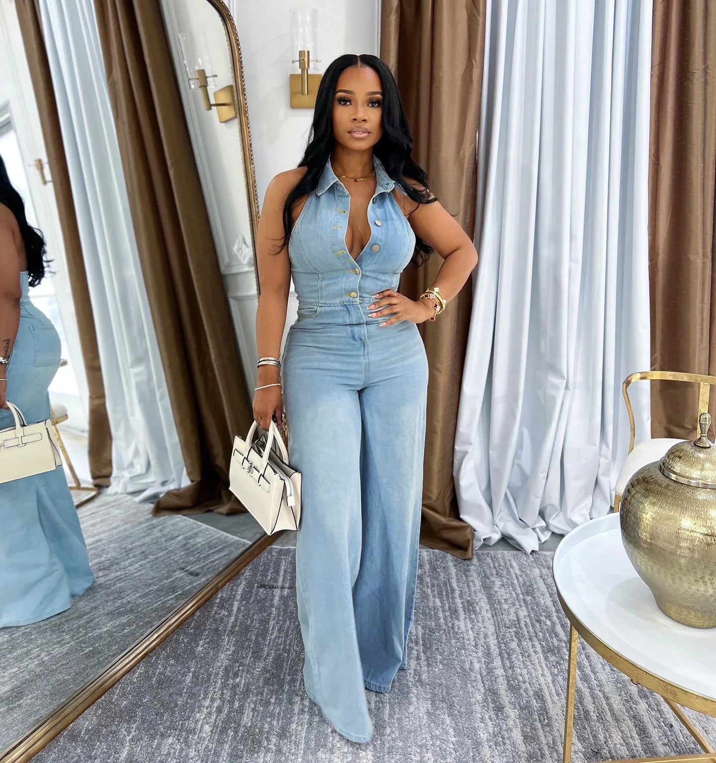 CM.YAYA Women Denim Sleeveless Single Breasted Wide Leg Jeans Jumpsuit Halter Neck Backless 2025 Summer One Piece Suit Playsuits