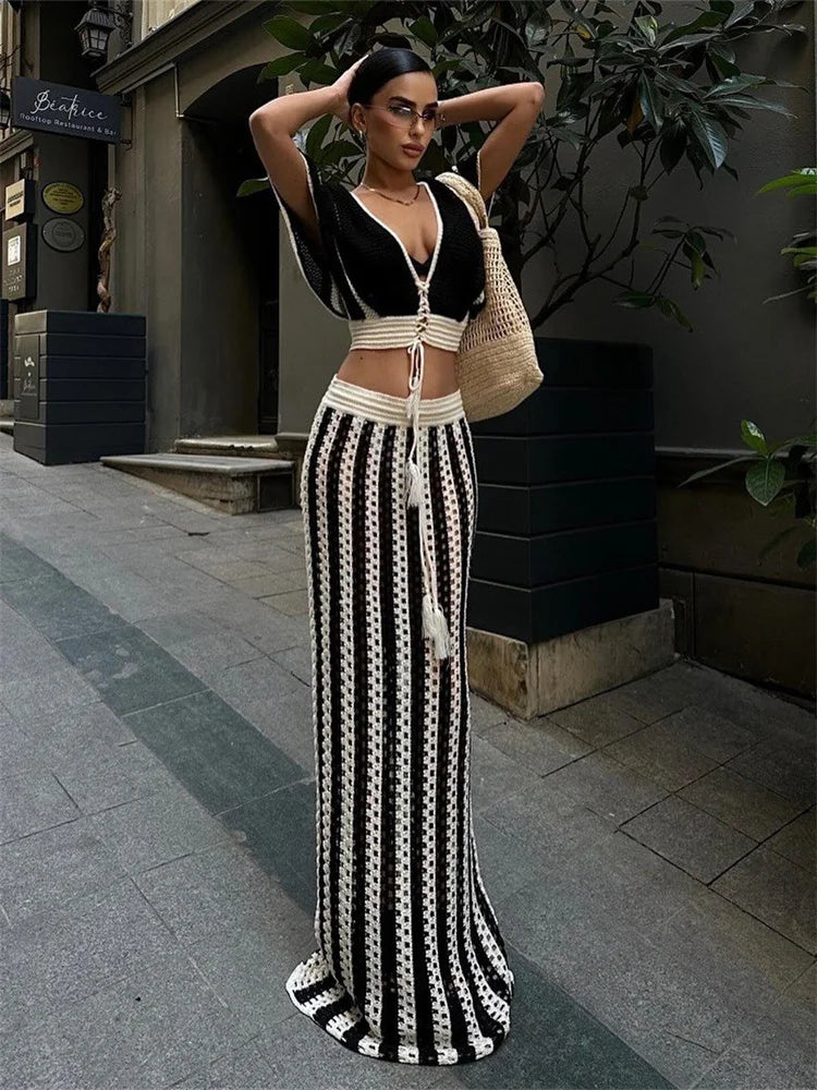 Wmstar Women Two Piece Set Sexy Elegant Knitted Crochet Beach Stripe Crop Tops Long Skirts Matching Set Holiday Birthday Outfits