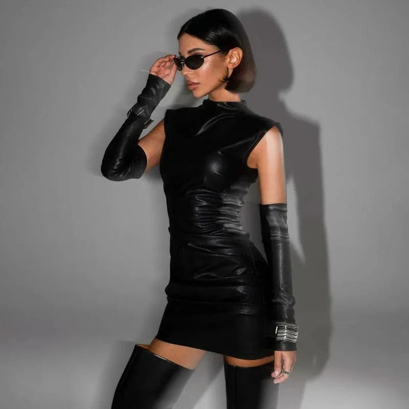 White PU Leather Bodycon Mini Dress for Women Elegant Sexy Turtleneck Sleeveless Party Dresses Spring Fashion Casual Dress 2025