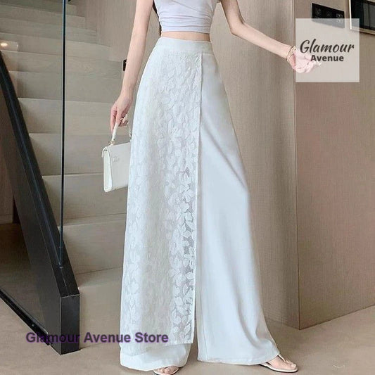 French style lace stitching high waist wide-leg pants women's summer thin fashion fake two pieces of casual Joker long pants.