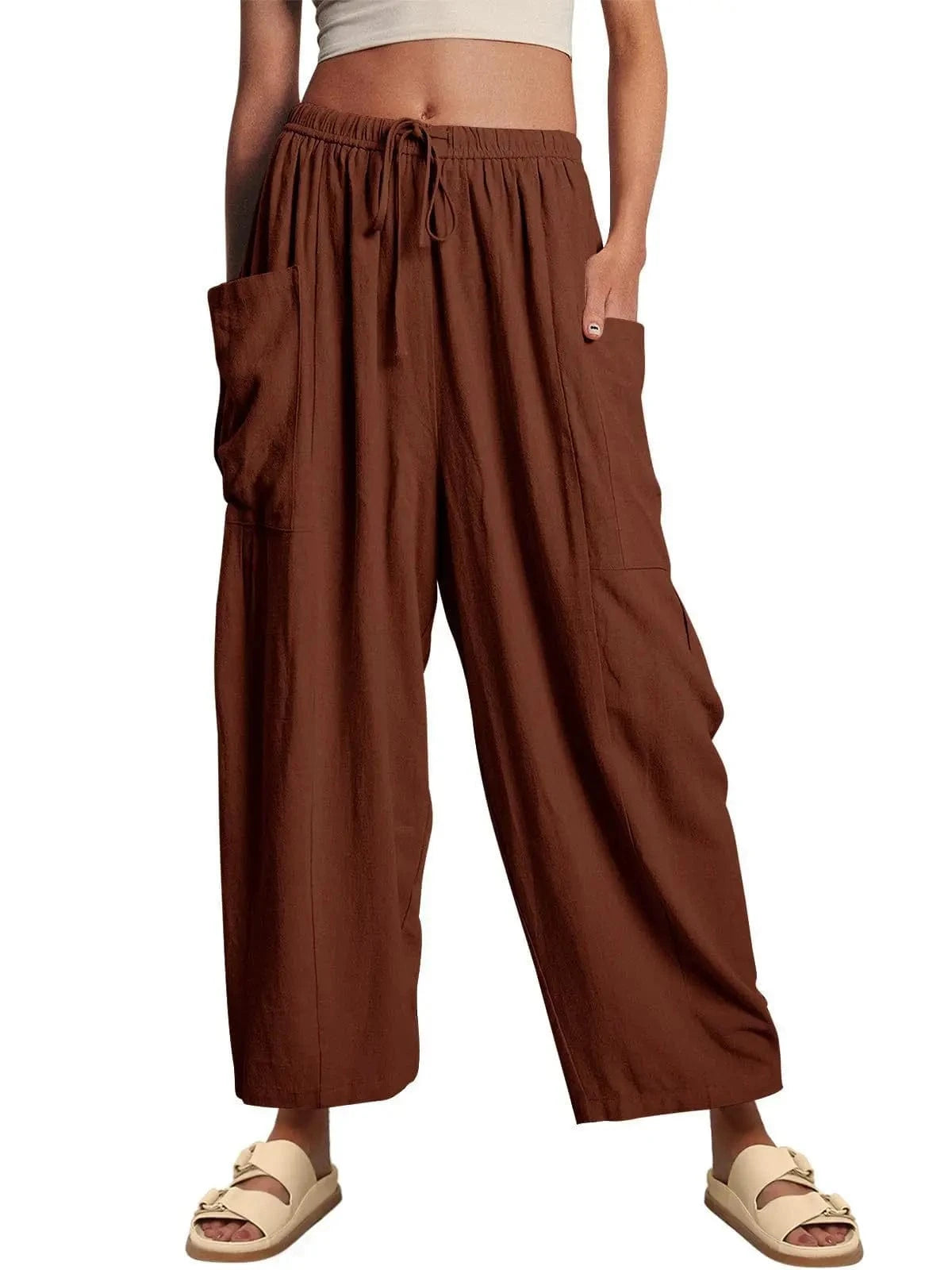 Loose Wide Leg Pants Women's Clothing Elastic Waist Pleated High Waist Casual Cotton Linen Solid Color Trousers Pants