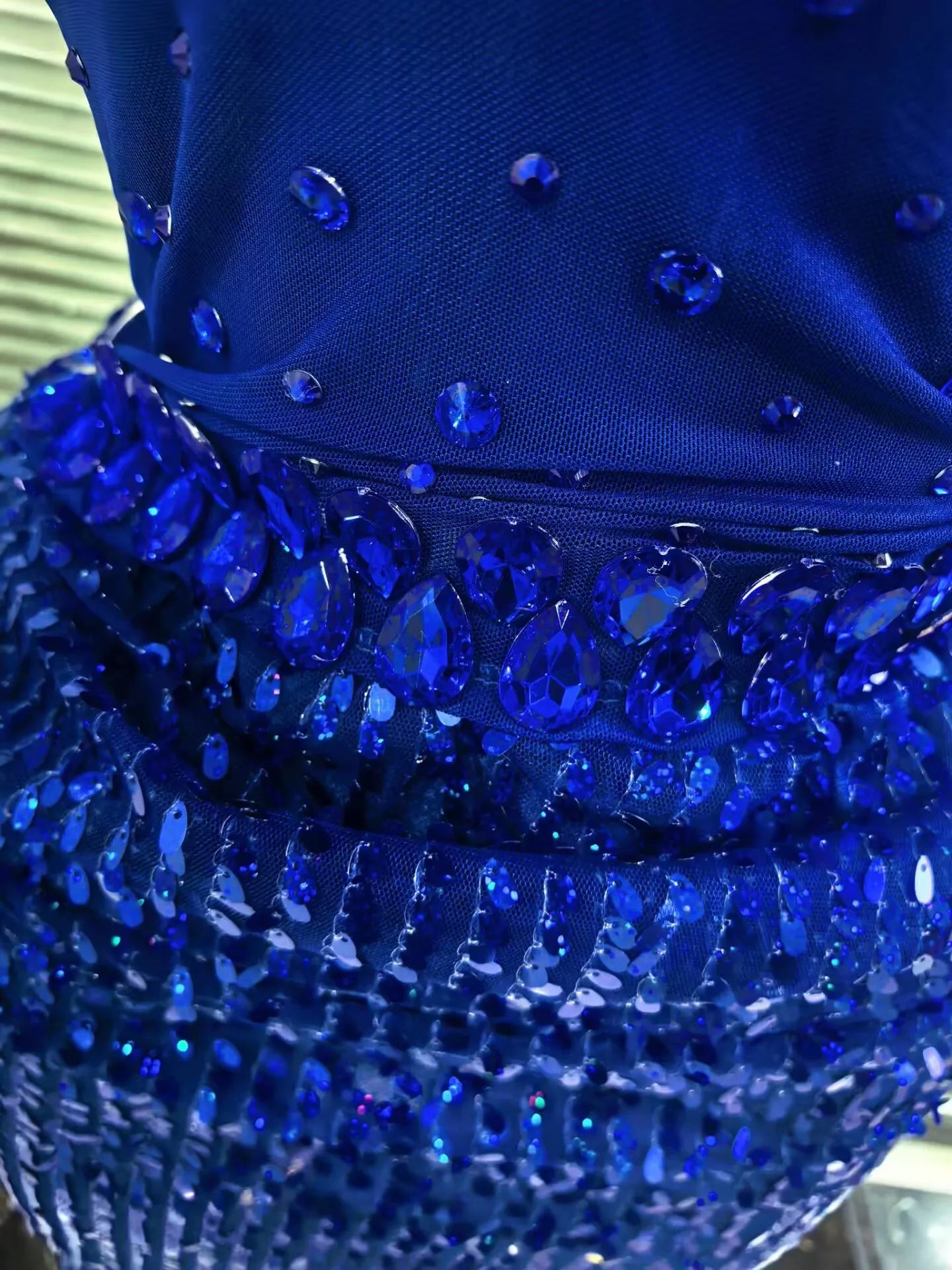 Blue Color Women Sleeveless Sexy Sparkly Crystal 2 Pieces Bodycon Long Dress Mesh Celebrate Birthday Photoshoot Wear