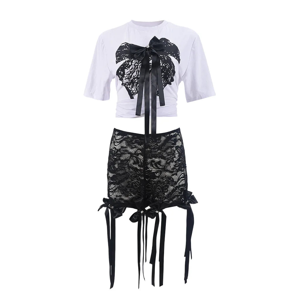 CM.YAYA Women's Set Bow O-Neck short sleeve Tops and lace Shorts Suits Streetwear Casual Two 2 Piece Outfits Tracksuits Summer