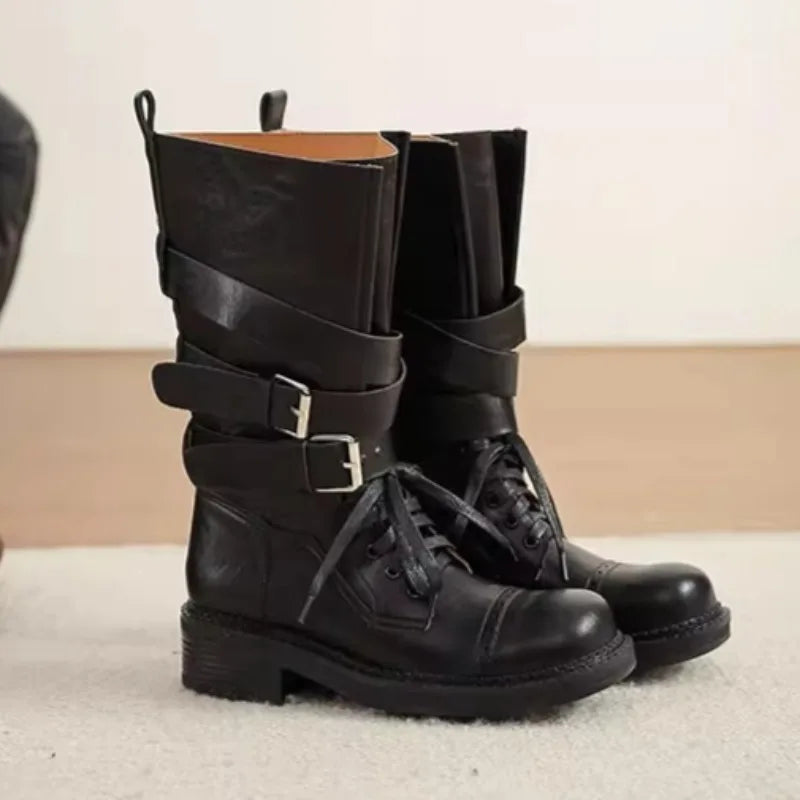 Buckle Strap Lace-Up Mid-Calf Motorcycle Boots for Women
