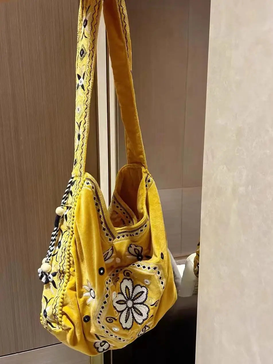 High Quality Original Design Velvet Embroidery Fringe Cloth Bag Shoulder Large Capacity Cross Body Tote Bags for Women