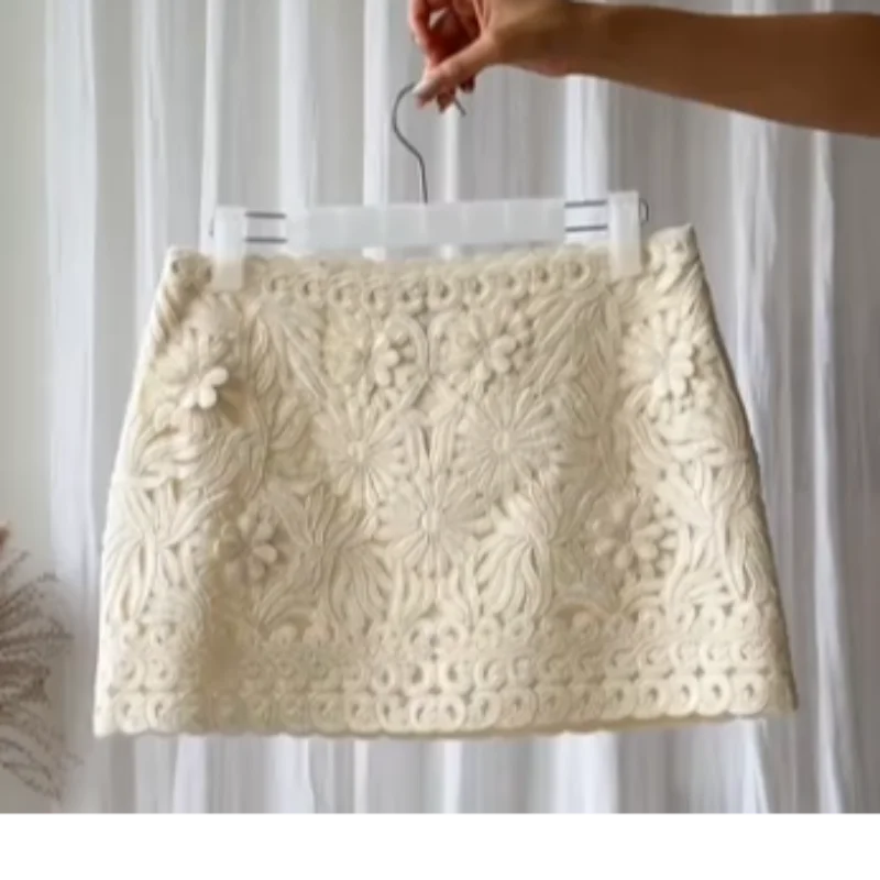 Floral Hollow Embroidery Mini Skirt Sets Women 2 Pieces Flare Sleeved Women Suit Casual Two Piece Set Summer Women Outfit
