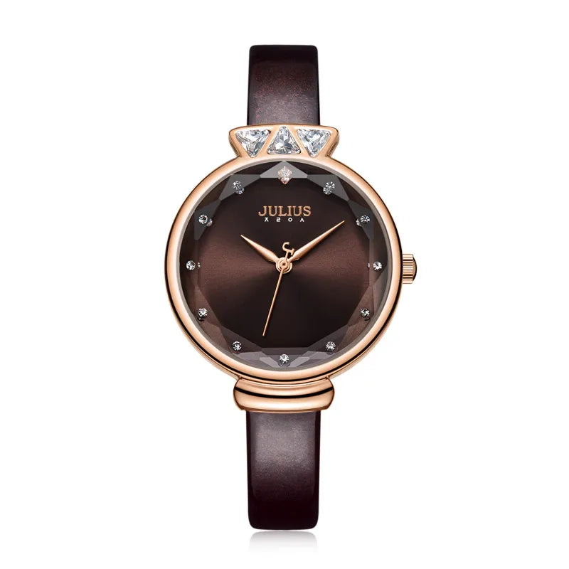 Aquarius CZ Julius Lady Women's Watch Japan Quartz Fashion Rhinestones Hours Bracelet Real Leather Girl's Gift Box