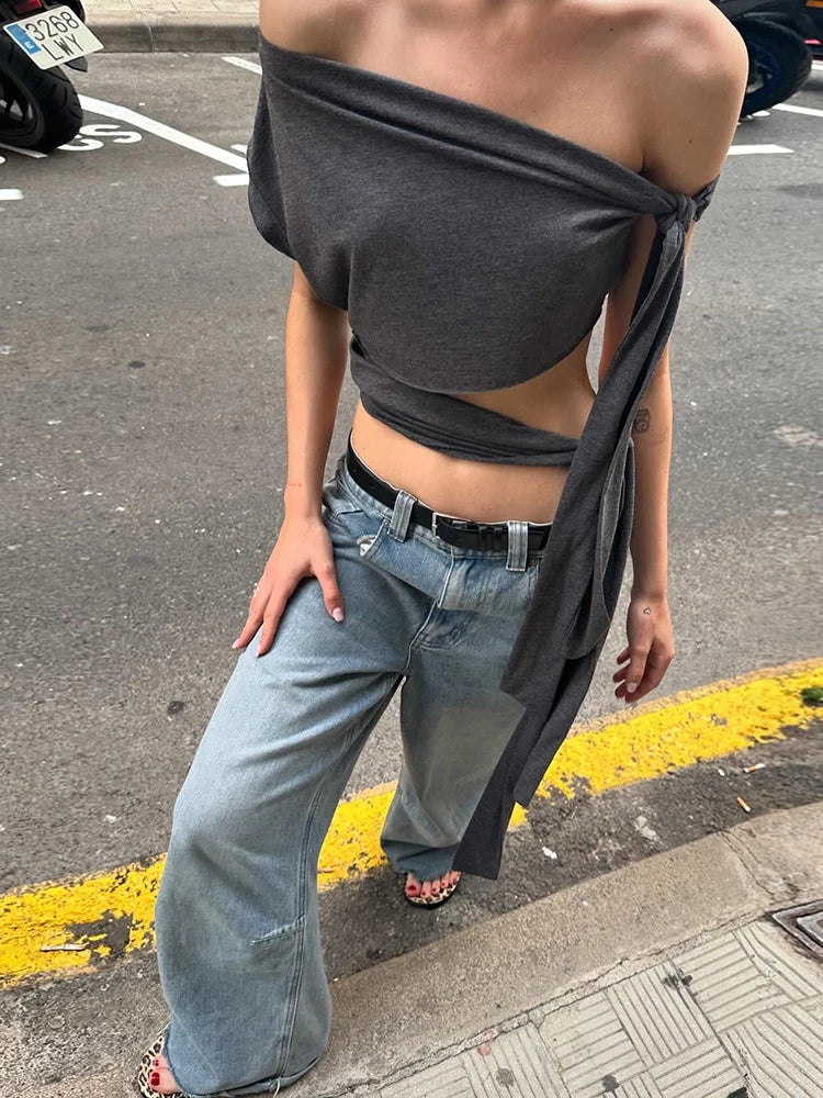 Weird Puss Hollow Bandage Tank Tops Women Ribbon One Shoulder Solid Sexy Summer Trend Wild Midnight Club Skinny Irregular Vest