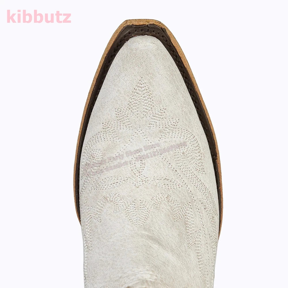 Rivet Cowboy Vintage Boots Over The Knee High Embroidery Lace-Up Luxury Leather Pointed Toe Chunky Heels Fashion Concise Shoes