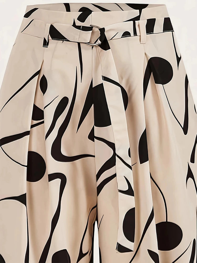 Ladies Abstract Print Belt Casual Wide Leg Pants Fashionable Loose Fit Trousers for Women
