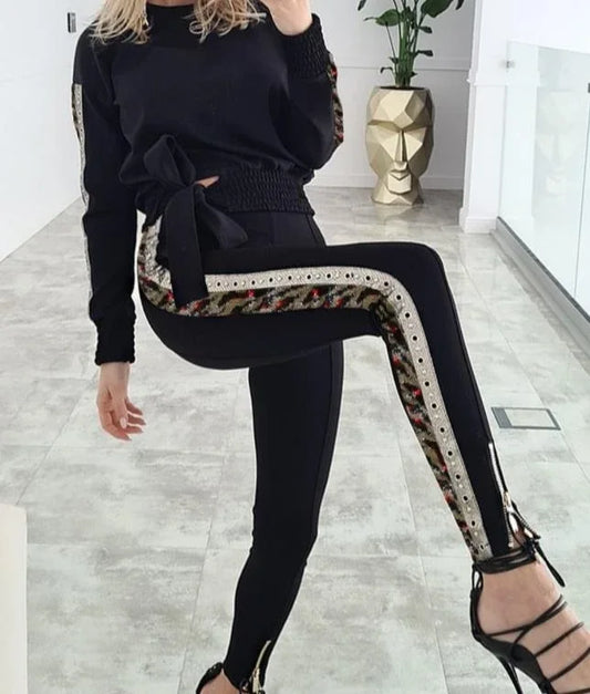 Skinny Two Piece Sets Womens Outifits Fashion Long Sleeve O-Neck Top & Contrast Sequin  Casual High Waist Pants Set 2024 Autumn