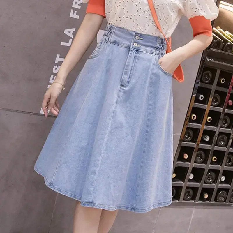 High Waist Midi Denim Skirt for Women plus Size Anti-Light Loose Elastic Waist Pleated Skirt Spring Summer Fashion plus Size