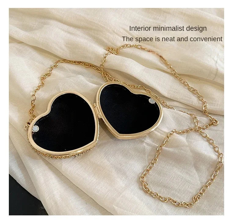 Luxury Mini Diamond Inlay Heart Shape Crystal Clutch Purse Stones Evening Wedding Party Shoulder Bag Handle Rhinestone Handbags