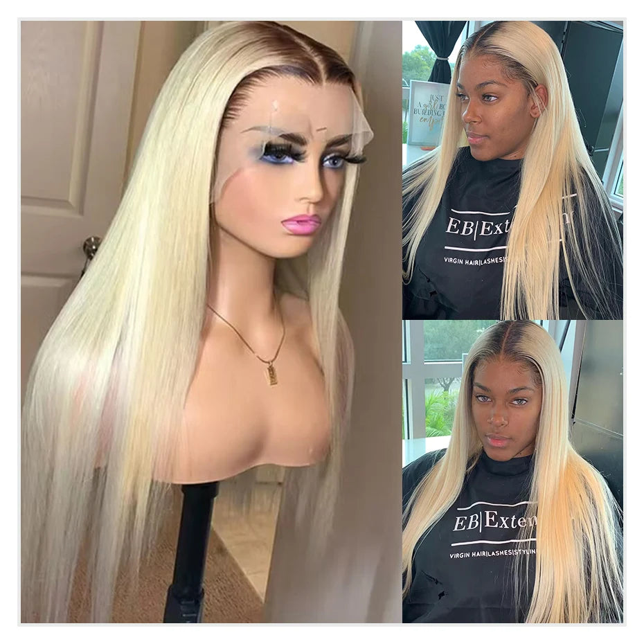 13x6 Lace Frontal Wig Brazilian Straight Full Lace Human Hair Wig 2 Tone Dark Root 1B 613 Ombre Blonde Lace Front Wigs for Women