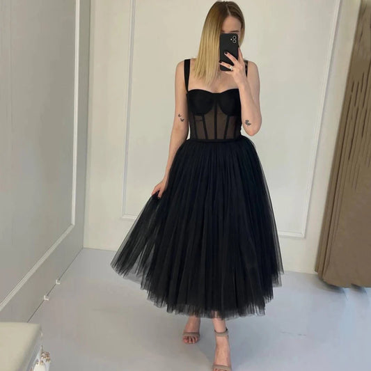 Customized Sweetheart Black Tulle Short Prom Dress Tea Length A-line Robes De Soirée Women Evening Party Gowns for Wedding Dress