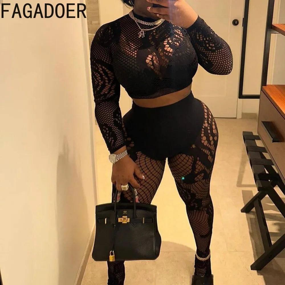 FAGADOER Sexy Lace 2 Piece Set Women Outfit Mesh See Though Long Sleeve Crop Top + Pants Suit Fashion Female Streetwear Overalls