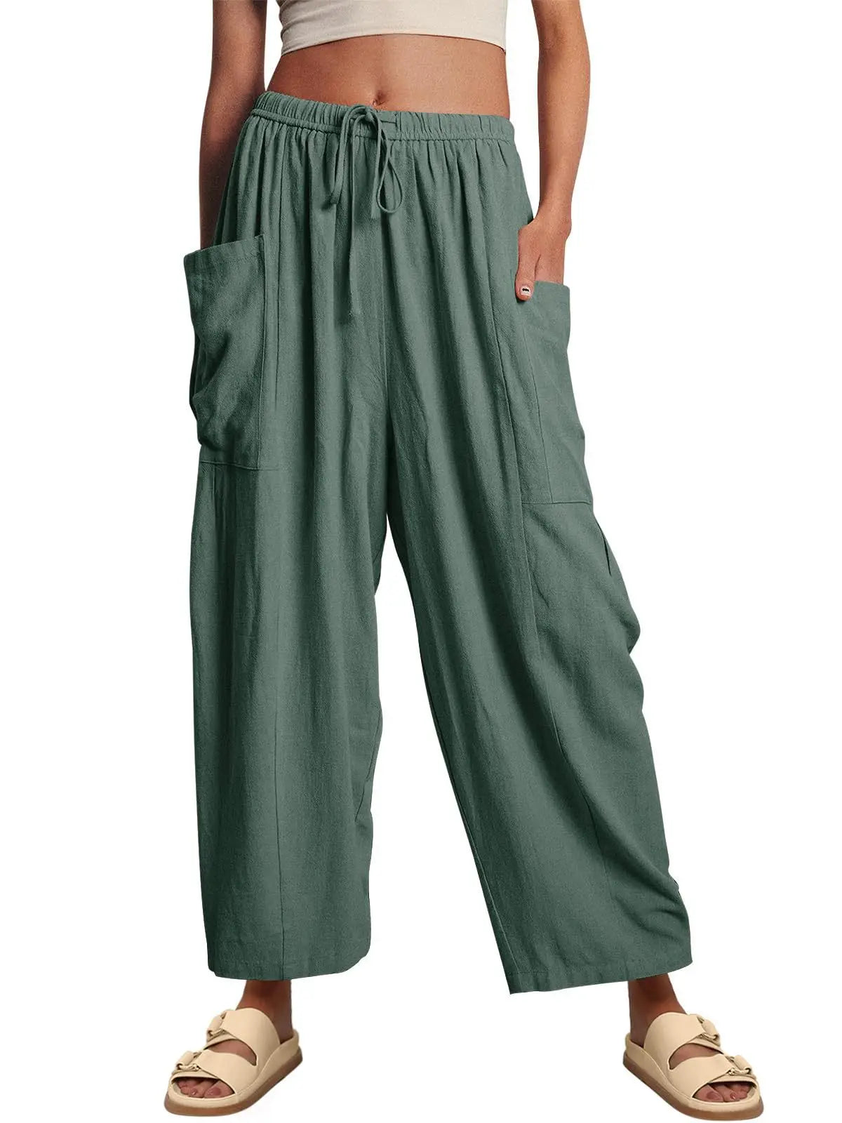 Loose Wide Leg Pants Women's Clothing Elastic Waist Pleated High Waist Casual Cotton Linen Solid Color Trousers Pants