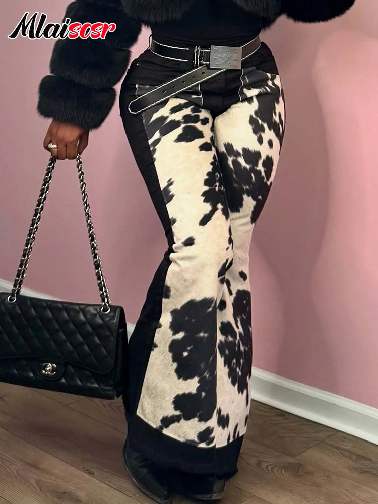 Mlaiscsr Fashion High Street Printed Patchwork Stretch Jeans Women Sales Button Boot Cut Denim Flare Pants Boyfriend Trousers