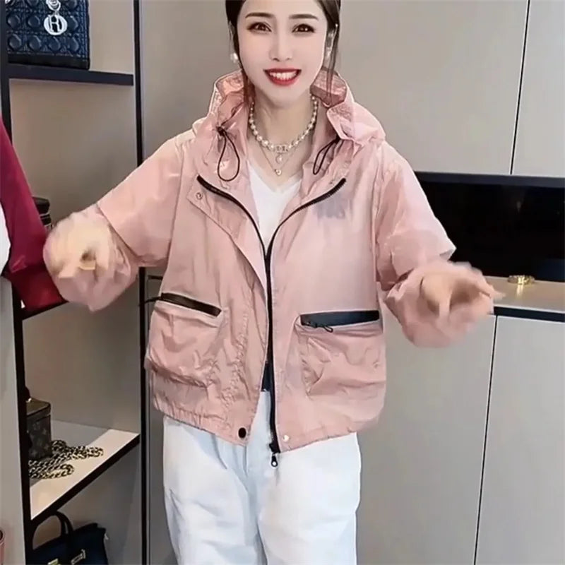 Spring and Autumn Lightweight Sunscreen Clothes for Women's Outdoor Wear 2025 White Hooded Loose Casual Summer Jacket Pink Orang