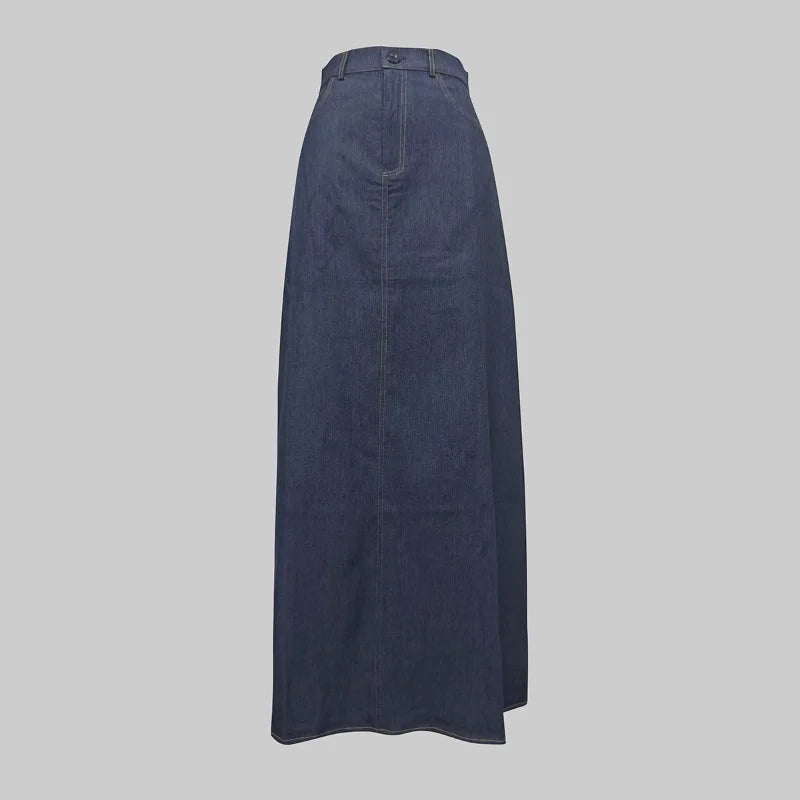 2025 New Fashion Imitation Denim H-Line High Waist Skirts Spring Summer Loose Solid Color Pockets Maxi Skirt For Women