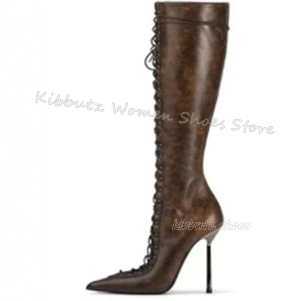 Lace-Up Hollow Knee High Boots Luxury Leather Solid Color Elegant Concise Fashion Sexy Pointed Toe Metal Thin Heels Women Shoes