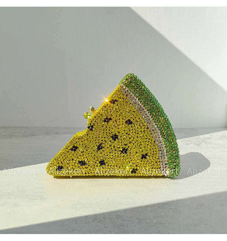 Alizekerr Pizza Shaped Diamond Evening Clutch Bags 2024 New Gorgeous Unique Metallic Watermelon Rhinestone Purses Wedding Party