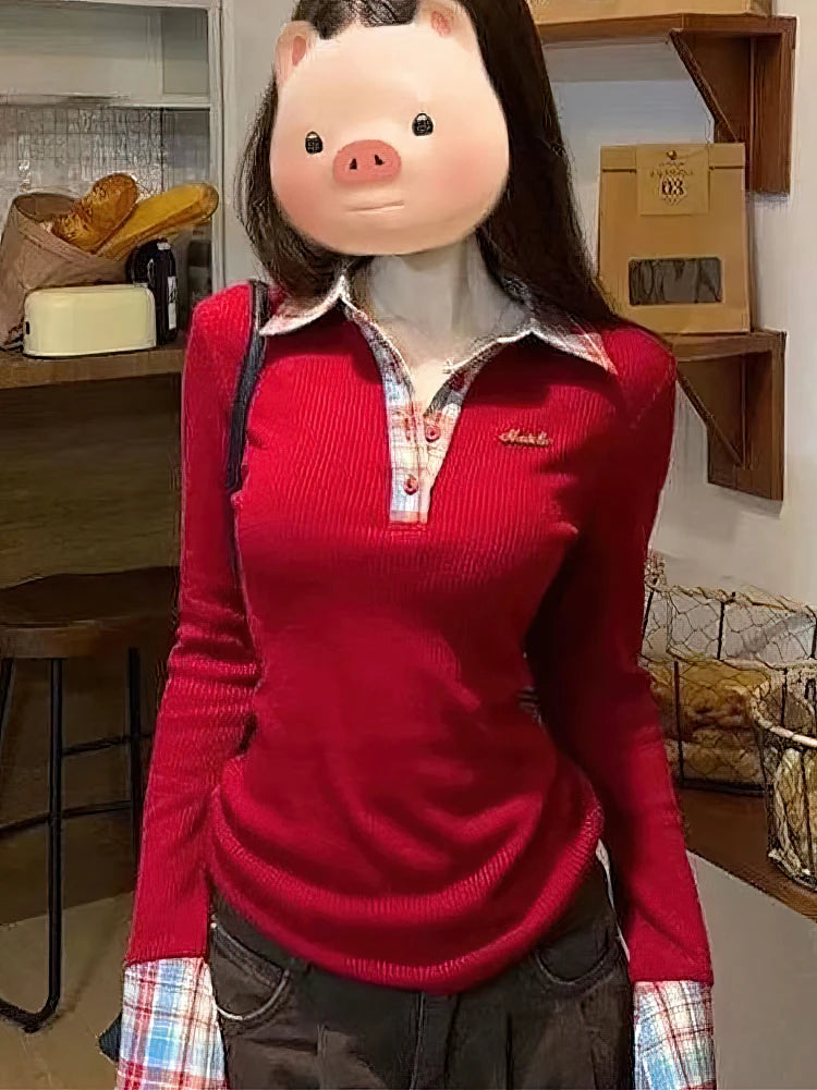 Preppy Polo Neck Knit Long sleeve T shirt Women False 2 Piece Korean Fashion Plaid Top V neck Basic Blouses Tees 2025 New