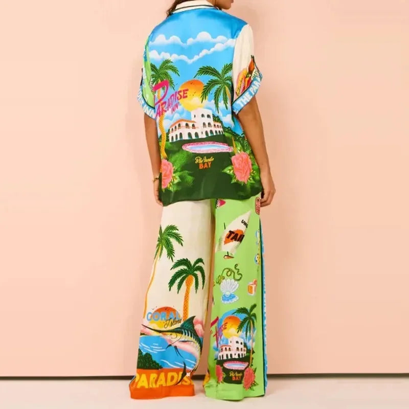 Long Sleeve Long Pant Sets Women Retro Lapel Single Breasted Blouses Trousers 2 Piece Set Printed Color-blocking Elastic Waist