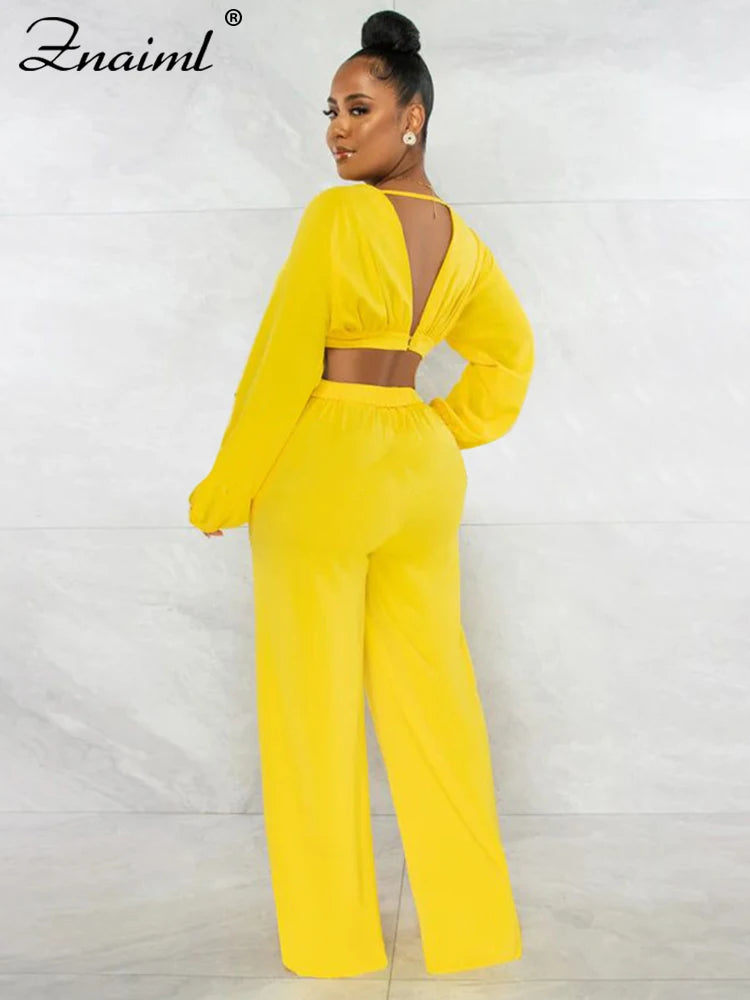 Znaiml Casual Green Two 2 Pieces Wide Leg Pants Sets Women‘s Long Sleeve Deep V-neck Crop Tops and Trousers Birthday Club Outfit