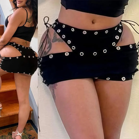 FAGADOER Sexy Hollow Out Bodycon Mini Skirts Women Lace Up High-Waist Hole Patchwork Skirts Female Streetwear Bottom 2025 New