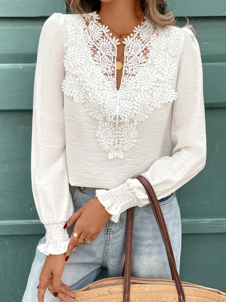 Fashion commuting style women's solid color lace stitching V-neck flared sleeve long-sleeved shirt, spring and autumn season