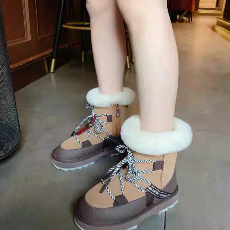 Plush Warm Snow Boots For Women Fashion Short Thick Non-slip Sports Shoes Lace-up Zipper Ankle Boots Thick Sole Shoelace Pendant
