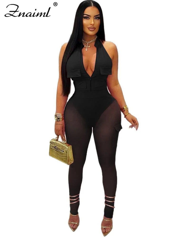 Znaiml Women's Two 2 Piece Pants Sets Sexy Deep V-neck Halter Sleeveless Backless Pocket Tops and Mesh Trousers Night Club Suit