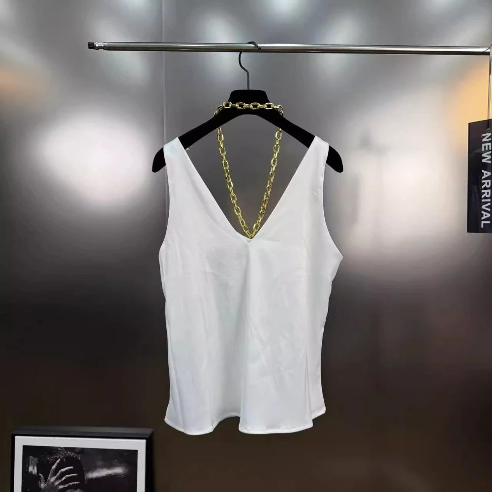 VGH Solid Color Spliced Metal Chain Basics Vest for Women V Neck Sleeveless American Streerwear Tank Tops Female Fashion Style