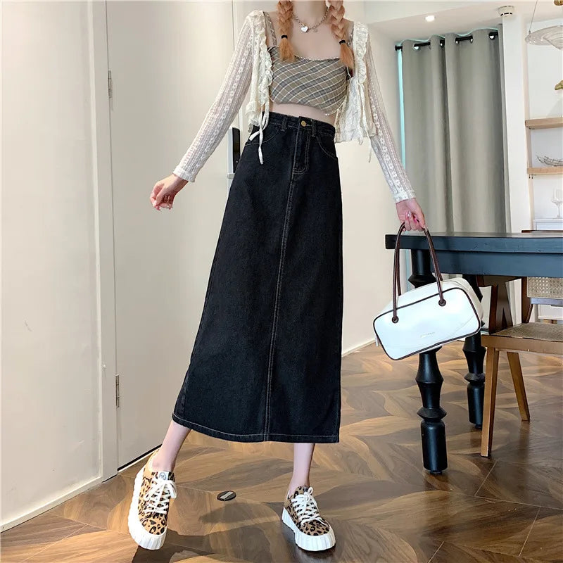 New 2022 Spring-Autumn Medium-Length Denim Skirt For Women High-Waisted Slimming Plus Size Curvy Girls A- Line Hip Covering Skir