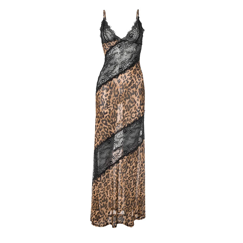 Weird Puss Mesh Patchwork Mermaid Dress Women Leopard Print Sexy Low-Neck Cleavage Backless Ruched Midnight Fashion Long Bodycon