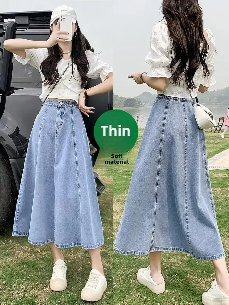 Fashionable Spring Medium-Length High-Waisted Jeans Long Dress Women's Elastic Waist A- Line Skirt Umbrella Skirt