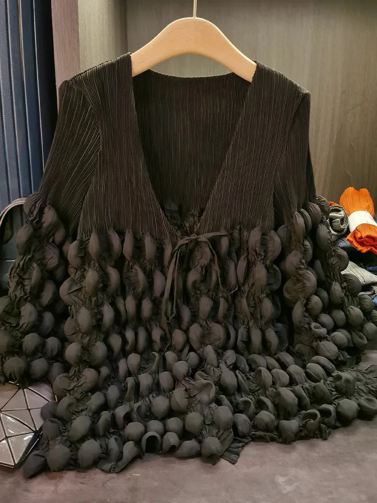 Elegant Lace Up Pleated Long Sleeve Coat for Women